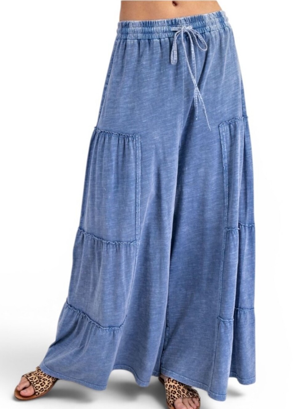 Easel Mineral Washed Tiered Pants Washed Denim Blue New - Picture 3 of 7